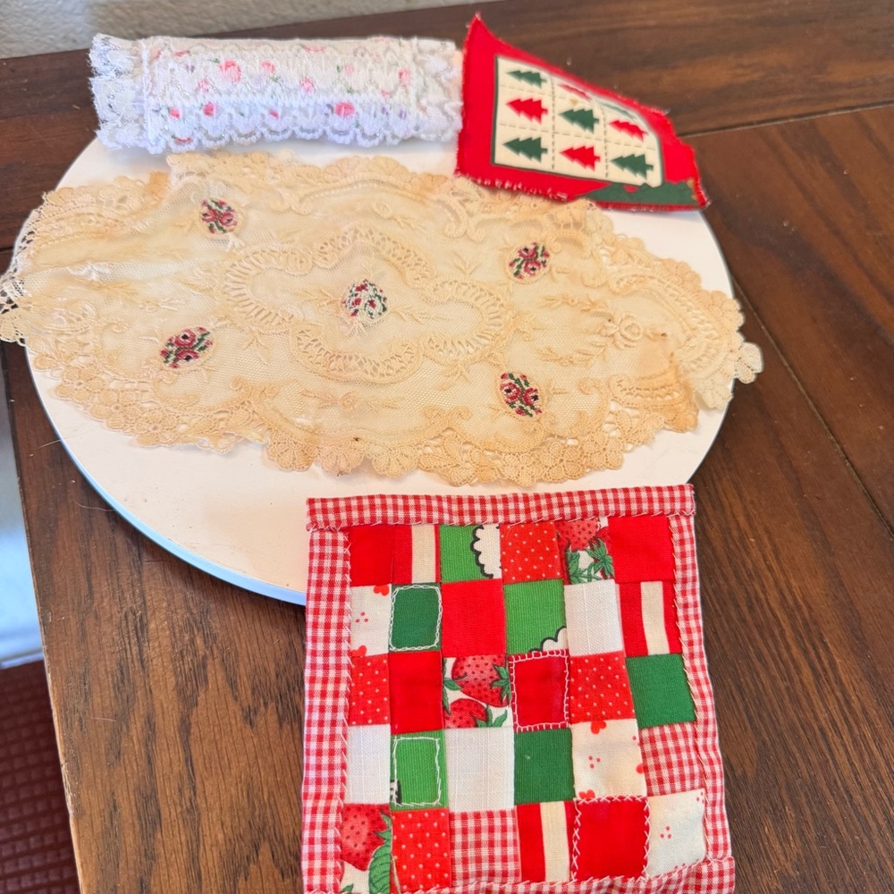 Vintage dollhouse lace handmade table cloth and quilts